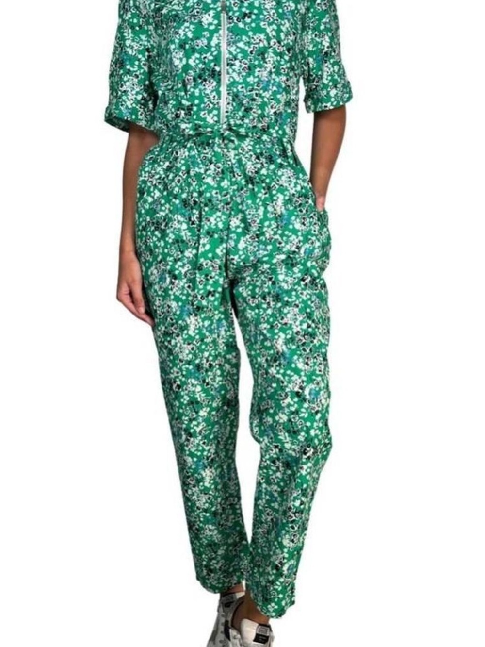 Zara Green Floral Short-Sleeve Utility Jumpsuit